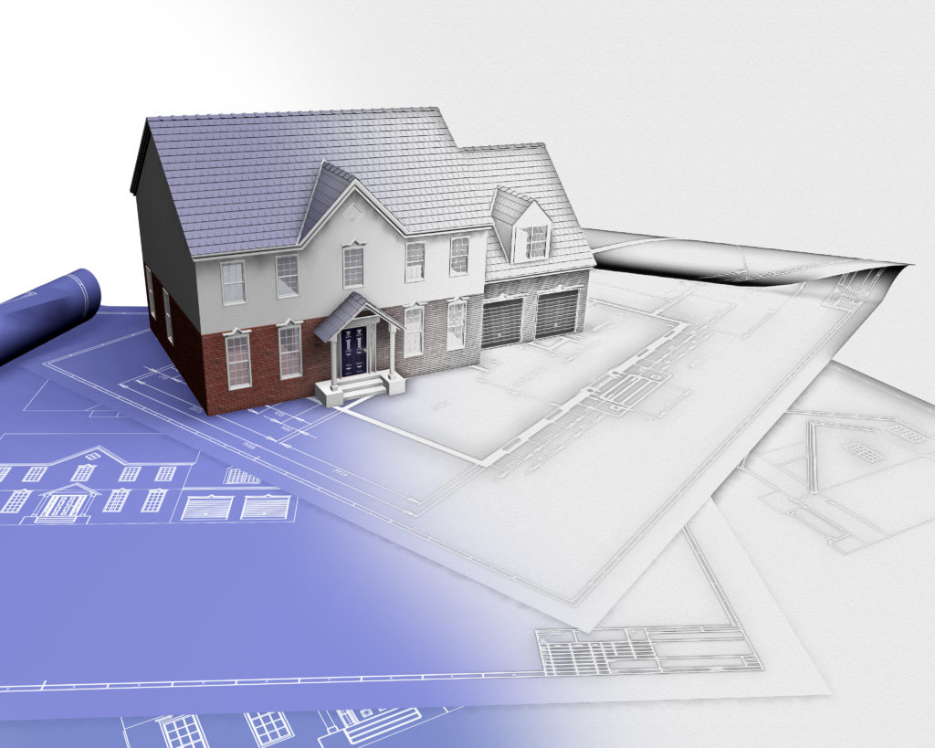 3D render of a house on blueprints with half in sketch phase