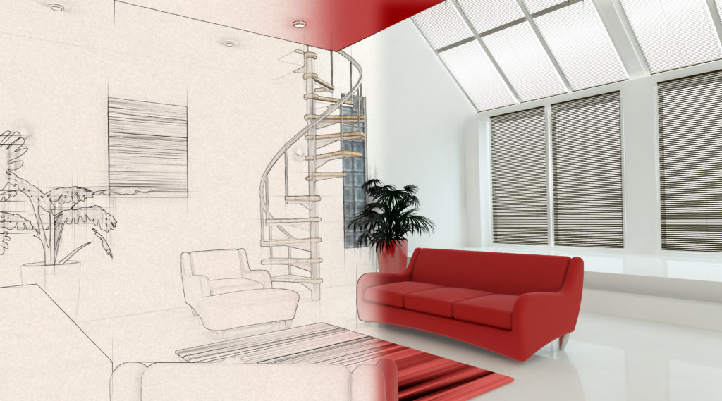 3D render of a contemporary interior with half in sketch phase