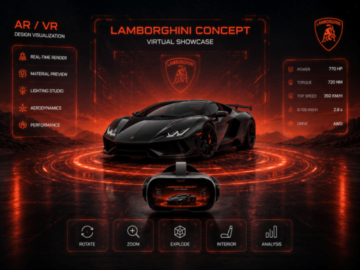 Futuristic electric sports car with AR/VR automotive design simulation interface and virtual reality headset
