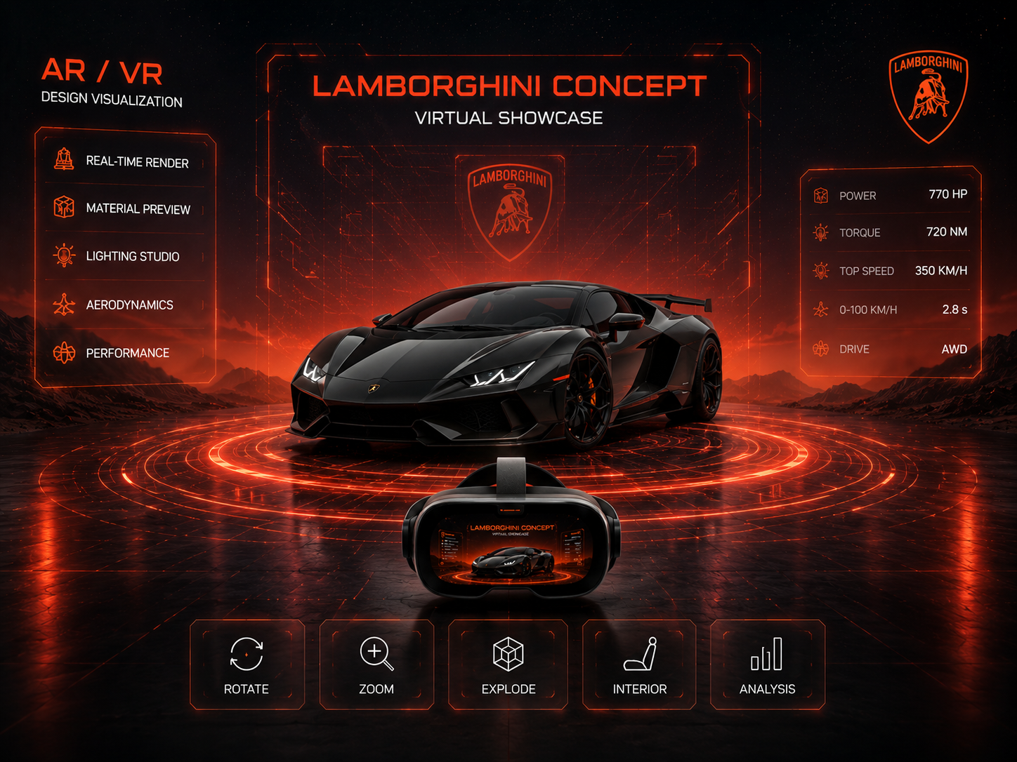 Futuristic electric sports car with AR/VR automotive design simulation interface and virtual reality headset