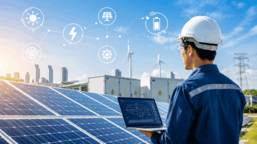 Electrical engineer monitoring solar power systems with laptop at a renewable energy plant featuring solar panels, wind turbines, and smart energy icons.