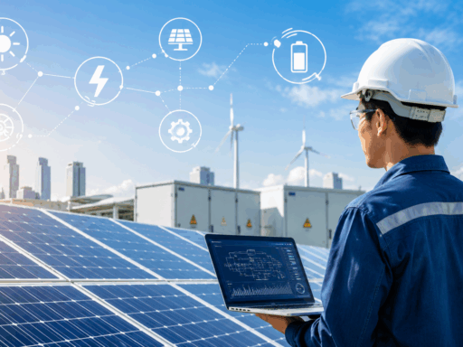 Electrical engineer monitoring solar power systems with laptop at a renewable energy plant featuring solar panels, wind turbines, and smart energy icons.