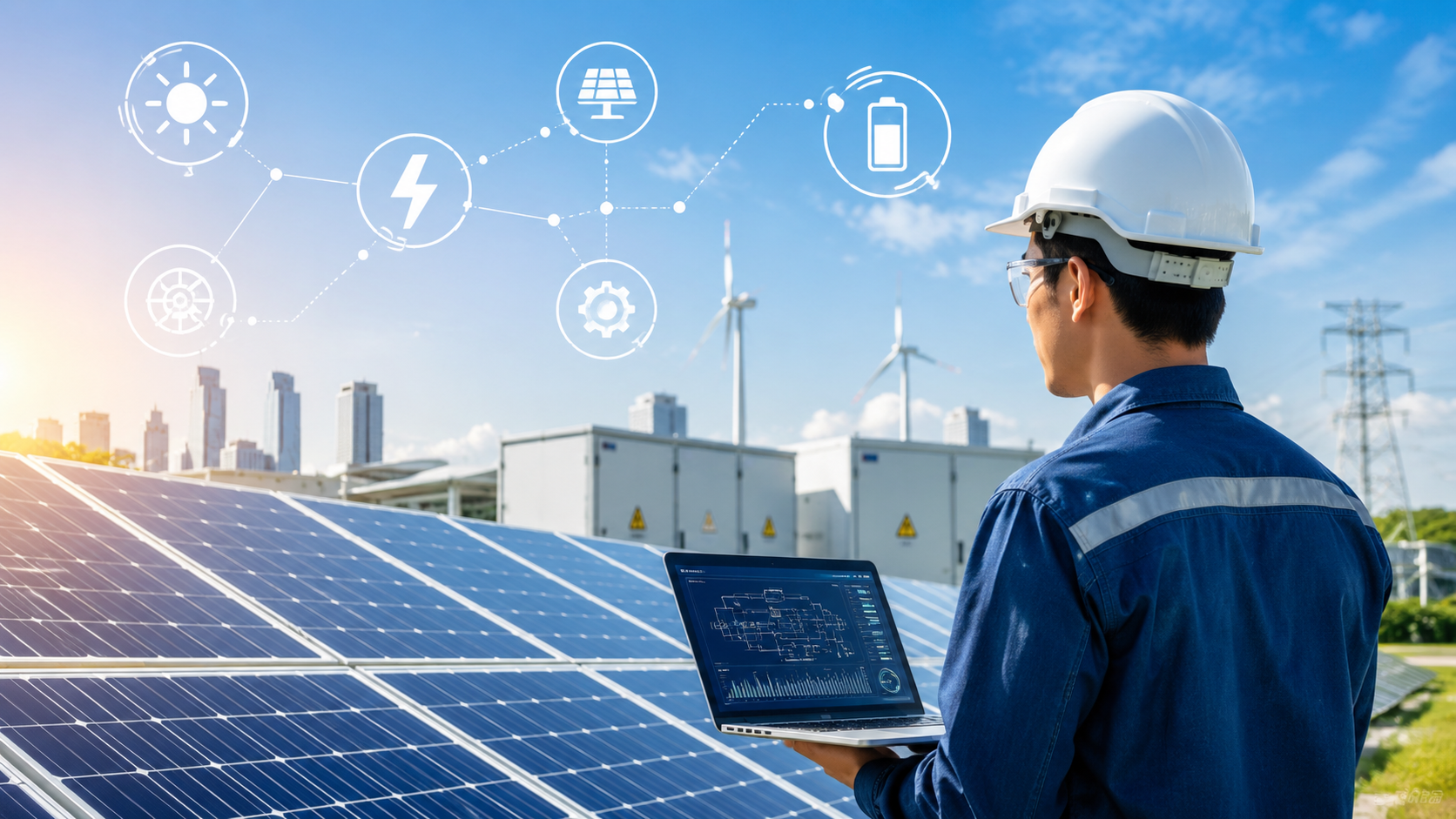 Electrical engineer monitoring solar power systems with laptop at a renewable energy plant featuring solar panels, wind turbines, and smart energy icons.