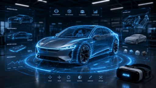 Futuristic electric sports car with AR/VR automotive design simulation interface and virtual reality headset