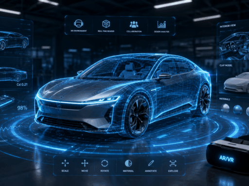 Futuristic electric sports car with AR/VR automotive design simulation interface and virtual reality headset