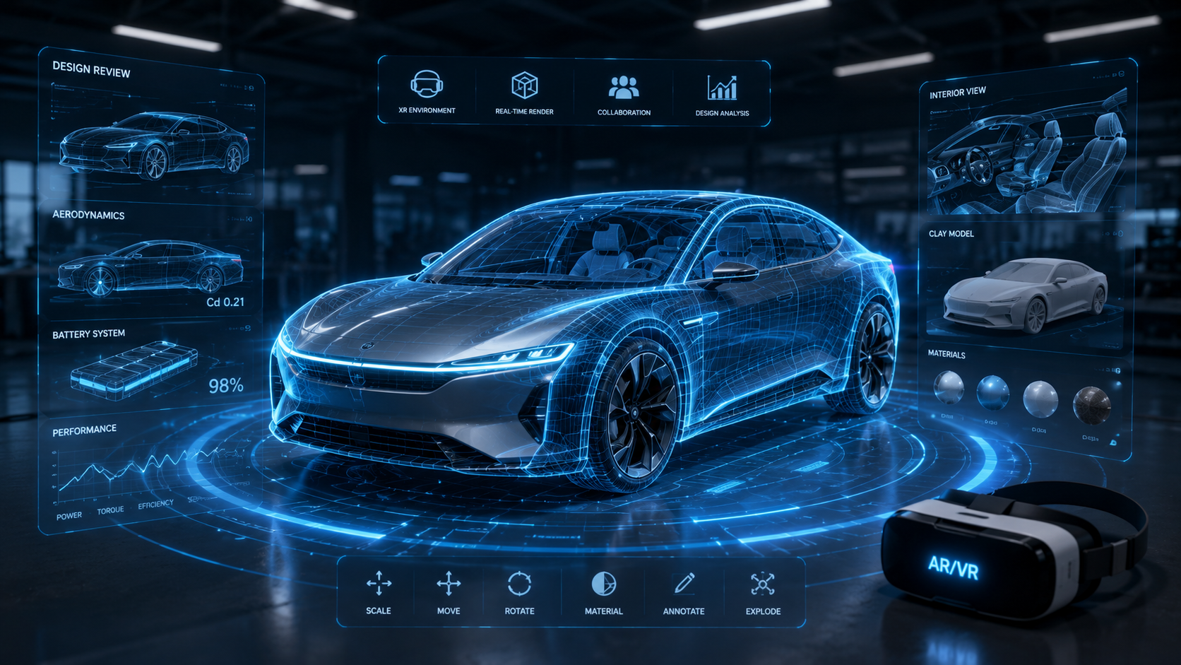 Futuristic electric sports car with AR/VR automotive design simulation interface and virtual reality headset