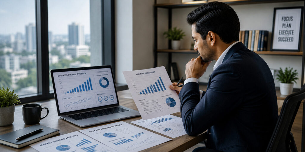 Entrepreneur analysing a scalable franchise business model with education growth opportunities and sustainable revenue potential