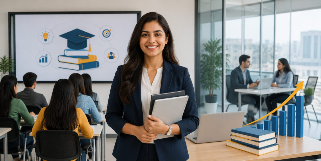 Modern learning centre showing students, trainers, and business growth concepts representing successful education franchise opportunities