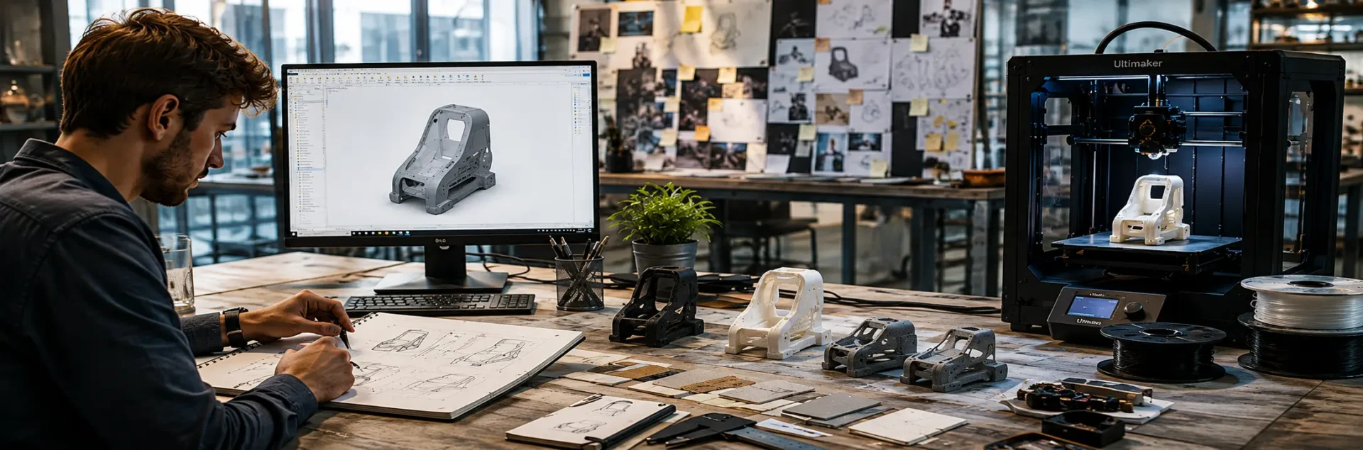 Engineer creating a 3D printed prototype using CAD software and additive manufacturing workflow.