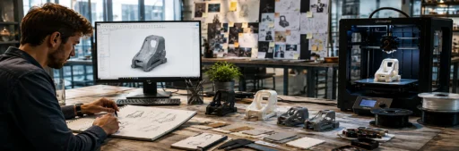 Engineer creating a 3D printed prototype using CAD software and additive manufacturing workflow.