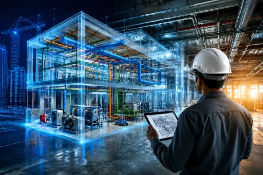 Engineer reviewing a BIM model for MEP engineering with HVAC, electrical, and plumbing systems in a 3D building design.