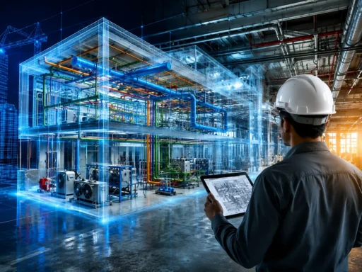 Engineer reviewing a BIM model for MEP engineering with HVAC, electrical, and plumbing systems in a 3D building design.