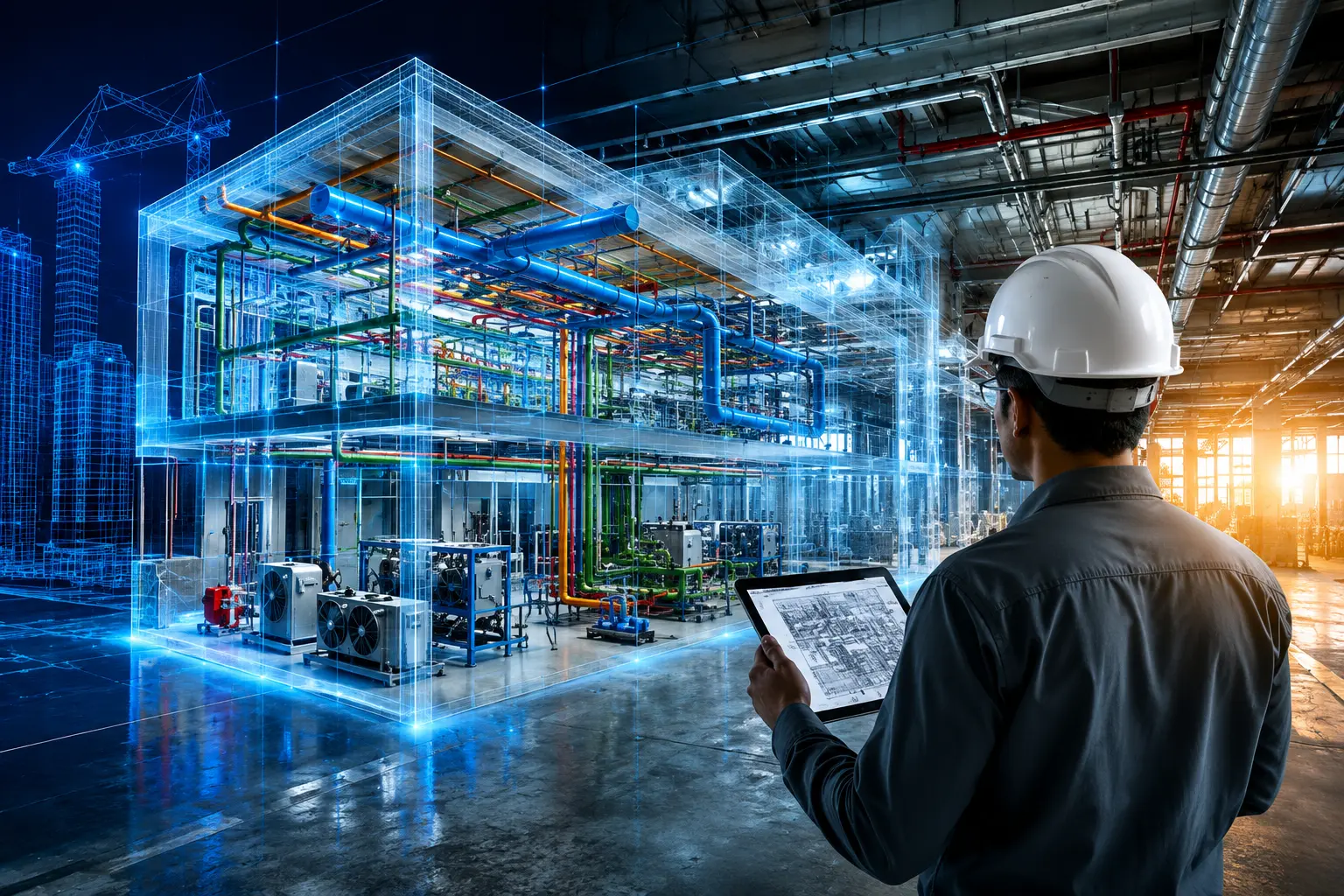 Engineer reviewing a BIM model for MEP engineering with HVAC, electrical, and plumbing systems in a 3D building design.